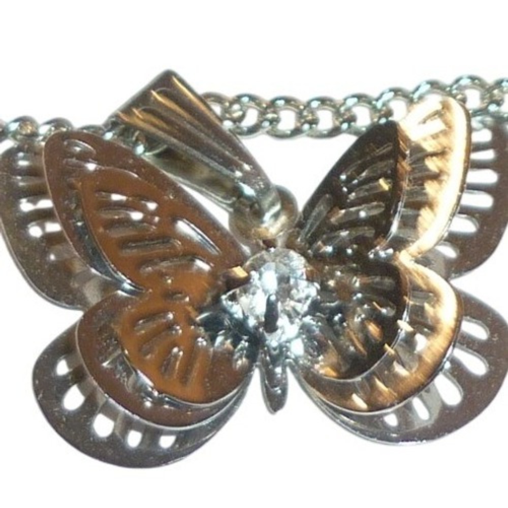 Silver Tone Butterfly Pendant Necklace Cubic Zirconia‎ Accent Curb Chain Y2K 3D